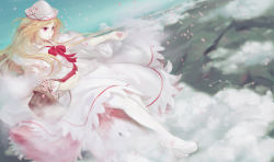 Rule 34 | 1girl, basket, blonde hair, bow, capelet, cherry blossoms, cloud, dress, female focus, flower, flying, hat, highres, jq, lily white, long hair, mary janes, pantyhose, petals, red eyes, ribbon, shoes, solo, touhou, white pantyhose