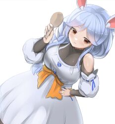 Rule 34 | 1girl, animal ear fluff, animal ears, apron, black bodysuit, blue hair, blue nails, blush, bodysuit, braid, braided ponytail, breasts, cleavage, detached sleeves, highres, holding, holding spoon, hololive, large breasts, long hair, looking at viewer, mature female, multicolored hair, nail polish, orange eyes, pekomama, rabbit ears, rabbit girl, redundant-cat, short eyebrows, smile, solo, spoon, streaked hair, virtual youtuber, white apron, white background, white hair, white sleeves