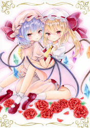 Rule 34 | 2girls, absurdres, ascot, bat wings, blonde hair, blue hair, crystal wings, flandre scarlet, flower, from behind, full body, hat, highres, looking at viewer, mary janes, mob cap, multiple girls, natsume nadeshiko, pointy ears, red eyes, red flower, red ribbon, red rose, remilia scarlet, ribbon, rose, shoes, short hair, siblings, straddling, touhou, twins, wings, yellow ascot, yuri