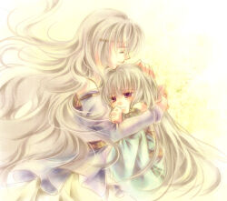 Rule 34 | 2girls, circlet, closed eyes, comforting, deirdre (fire emblem), dress, fire emblem, fire emblem: genealogy of the holy war, grey hair, hand on another&#039;s head, hug, julia (fire emblem), long hair, mio (yumehikou), mother and daughter, multiple girls, nintendo, parent and child, purple eyes, simple background