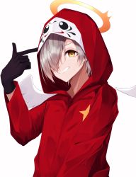 Rule 34 | 1girl, absurdres, black gloves, commentary request, detached wings, feathered wings, finger gun, finger gun to head, gloves, grey hair, grin, hair over one eye, halo, hand up, highres, hood, hood up, hooded jacket, jacket, long sleeves, looking at viewer, original, red jacket, simple background, smile, solo, suisen-21, upper body, white background, white wings, wings, yellow eyes