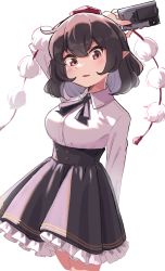Rule 34 | 5alive, arm up, black hair, black ribbon, black skirt, blush, breasts, brown eyes, camera, collared shirt, frilled skirt, frills, highres, holding, holding camera, long sleeves, medium breasts, medium hair, open mouth, pointy ears, pom pom (clothes), ribbon, shameimaru aya, shirt, simple background, skirt, standing, touhou, white background, white shirt