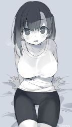 Rule 34 | 1girl, bike shorts, blush, breasts, greyscale, highres, large breasts, long sleeves, looking at viewer, monochrome, one side up, open mouth, original, shirt, short sleeves, signature, simple background, sitting, solo, yuzuki gao