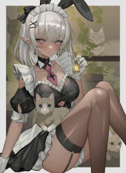 Rule 34 | 1girl, animal, animal ears, animal on lap, bell, black dress, black ribbon, blush, border, brown thighhighs, cat, cat on lap, closed mouth, commentary, dark-skinned female, dark skin, detached collar, dress, earrings, fake animal ears, frilled dress, frills, garter straps, gloves, grey hair, hair between eyes, hair ribbon, hand up, highres, hitowa, holding, holding bell, jewelry, looking at viewer, medium hair, necktie, on lap, original, outside border, pink eyes, pink necktie, plant, pointy ears, potted plant, puffy short sleeves, puffy sleeves, rabbit ears, ribbon, short sleeves, solo, thighhighs, white border, white gloves, white headdress