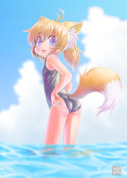 Rule 34 | 1girl, adjusting clothes, adjusting swimsuit, animal ears, ass, blonde hair, brown hair, clothing cutout, cloud, day, fox ears, fox tail, from behind, highres, looking back, one-piece swimsuit, original, purple eyes, renaoka, school swimsuit, short hair, sky, solo, swimsuit, tail, tail through clothes, tan, tanline, twintails, wading, water