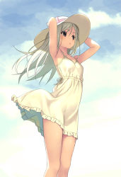 Rule 34 | 1girl, :o, armpits, arms up, bare arms, bare shoulders, blue sky, breasts, cloud, cloudy sky, commentary request, day, dress, frilled dress, frills, grey eyes, grey hair, hair between eyes, hand on headwear, hat, koutaro, long hair, looking away, original, outdoors, parted lips, sky, sleeveless, sleeveless dress, small breasts, solo, sun hat, sundress, very long hair, white dress, white hat