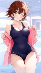 Rule 34 | 1girl, ;), absurdres, blue one-piece swimsuit, blush, breasts, brown hair, cleavage, collarbone, covered navel, groin, highres, honda mio, idolmaster, idolmaster cinderella girls, jacket, looking at viewer, medium breasts, one-piece swimsuit, one eye closed, pink jacket, pool, popon ta, school swimsuit, smile, solo, swimsuit, thigh gap