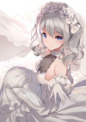 Rule 34 | 1girl, alternate costume, bison cangshu, blue eyes, blush, breasts, bridal veil, cleavage, closed mouth, collarbone, detached sleeves, diamond (gemstone), dress, from side, gem, glint, gloves, halter dress, halterneck, highres, jewelry, kantai collection, kashima (kancolle), long hair, long sleeves, looking at viewer, looking to the side, medium breasts, ornate ring, ring, silver hair, sitting, smile, solo, twintails, veil, wavy hair, wedding dress, wedding ring, white dress, white gloves