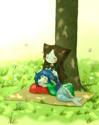 Rule 34 | 2girls, animal ears, arinu, blue hair, blush, brown hair, bug, butterfly, dappled sunlight, fang, fins, flower, head fins, imaizumi kagerou, insect, japanese clothes, kimono, lap pillow, long hair, long sleeves, mermaid, monster girl, multiple girls, open mouth, short hair, sleeping, smile, sunlight, touhou, tree, wakasagihime, wolf ears