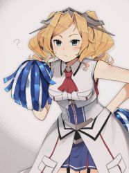 Rule 34 | 1girl, ?, annin musou, ascot, bad id, bad twitter id, blonde hair, blue eyes, blue skirt, blush, breast pocket, closed mouth, cowboy shot, drill hair, headgear, holding, holding pom poms, honolulu (kancolle), kantai collection, long hair, pocket, pom pom (cheerleading), pom poms, red ascot, skirt, sleeveless, solo, twintails