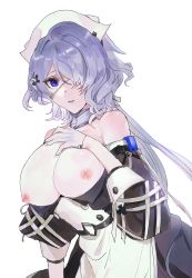Rule 34 | arknights, bad id, bad pixiv id, blue eyes, breasts, dal-gi, detached sleeves, dress, eyepatch, gloves, hair ornament, hair over one eye, hat, highres, large breasts, looking at viewer, nipples, nurse cap, open clothes, parted lips, purple hair, simple background, solo, upper body, whisperain (arknights), white background, white gloves, white hat, x hair ornament