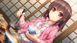 Rule 34 | 1girl, akizora momiji, belt, belt buckle, blush, bowl, breasts, brown hair, buckle, chopsticks, closed mouth, collarbone, dutch angle, eyebrows, food, pet bowl, game cg, holding, holding bowl, hood, hood down, hooded jacket, indoors, inochi no spare - i was born for you, jacket, jewelry, long hair, long sleeves, meat, medium breasts, necklace, open clothes, open jacket, pendant, pink jacket, pink ribbon, plate, red eyes, ribbon, rice, rice bowl, shukugawa meguri, sliding doors, smile, solo, steam, table, upper body