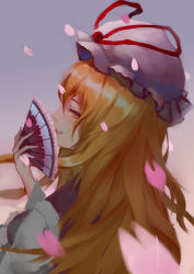 Rule 34 | absurdres, blonde hair, chask, cherry blossoms, dress, folding fan, from behind, hand fan, hat, hat ribbon, highres, long hair, long sleeves, looking at viewer, mob cap, red ribbon, ribbon, simple background, sky, smile, touhou, yakumo yukari, yellow eyes