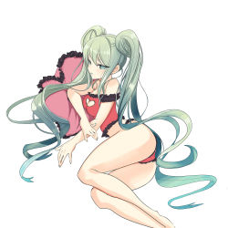 Rule 34 | 1girl, :d, aqua hair, armlet, bare legs, bare shoulders, barefoot, blue eyes, blush, breasts, cleavage, cleavage cutout, clothing cutout, collarbone, frilled pillow, frills, green nails, hatsune miku, heart, heart cutout, heart-shaped pillow, highres, long hair, nail polish, open mouth, orinoon, panties, parted lips, pillow, red panties, sidelocks, simple background, smile, solo, strapless, tsurime, tube top, twintails, underwear, underwear only, very long hair, vocaloid, white background