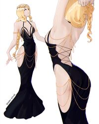 Rule 34 | 1girl, absurdres, alternate costume, armlet, artist name, ass, black dress, blonde hair, chain, commentary, dress, elden ring, english commentary, from behind, gold chain, halterneck, highres, hip vent, jewelry, long hair, looking to the side, meme attire, modakawa dress, multiple views, o-ring, qederapawn, queen marika the eternal, simple background, standing, white background, yellow eyes