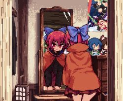 Rule 34 | 3girls, animated, animated gif, black shirt, blue bow, blue eyes, blue hair, blue sky, bow, cape, character doll, choujuu gigaku, closed mouth, cloud, commentary request, crossed arms, day, female pov, fins, hair bow, head fins, holding, holding clothes, imaizumi kagerou, indoors, isu (is88), kasodani kyouko, looking at mirror, lowres, miniskirt, mirror, multiple girls, pixel art, pov, red cape, red eyes, red hair, red skirt, reflection, sekibanki, sekibanki day, shirt, short hair, skirt, sky, smile, standing, sun, thighs, touhou, undressing, wakasagihime