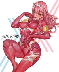 Rule 34 | 10s, aqua eyes, blush, bodysuit, breasts, commentary, darling in the franxx, eyeshadow, finger in own mouth, green eyes, hairband, horns, jet kimchrea, makeup, medium breasts, oni horns, pilot suit, pink hair, red bodysuit, red horns, skin tight, solo, straight hair, uniform, white hairband, zero two (darling in the franxx)