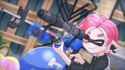 Rule 34 | 1boy, blurry, blurry background, closed mouth, commentary request, e-liter 4k (splatoon), gun, highres, holding, holding gun, holding weapon, inkling, inkling boy, inkling player character, lens flare, male focus, nintendo, one eye closed, outdoors, pink eyes, pink hair, pointy ears, scope, short hair, smile, solo, splatoon (series), splatoon 3, tentacle hair, thick eyebrows, tonbofree, weapon