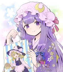 Rule 34 | 1girl, alternate costume, ama-tou, bag, blue ribbon, blunt bangs, character print, closed mouth, crescent, crescent hair ornament, dot nose, fingernails, flat color, floral background, floral print, frilled hat, frills, from side, hair ornament, hair ribbon, hands up, happy, hat, hat ribbon, head tilt, highres, holding, holding bag, japanese clothes, kimono, kirisame marisa, long hair, long sleeves, looking at viewer, low-tied long hair, mob cap, multicolored background, paper bag, patchouli knowledge, pink hat, pink ribbon, purple eyes, purple hair, purple kimono, ribbon, shopping bag, smile, solo, striped, tareme, touhou, upper body, vertical stripes, very long hair