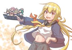 Rule 34 | 6+girls, aaoi, armband, black jacket, black skirt, blonde hair, commentary request, cowboy shot, fairy (kancolle), highres, holding, jacket, kantai collection, long hair, low twintails, multiple girls, navel, neckerchief, one-hour drawing challenge, satsuki (kancolle), satsuki kai ni (kancolle), skirt, twintails, yellow eyes, yellow neckerchief