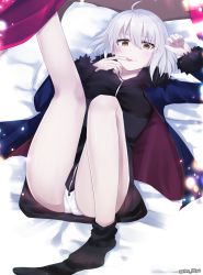 Rule 34 | 1girl, ahoge, alec-gdlk, arm up, ass, bad id, bad pixiv id, bed sheet, black dress, black socks, blue jacket, blush, breasts, brown eyes, closed mouth, commentary request, dress, fate/grand order, fate (series), fingernails, fur-trimmed jacket, fur-trimmed sleeves, fur trim, hair between eyes, highres, jacket, jeanne d&#039;arc (fate), jeanne d&#039;arc alter (fate), jeanne d&#039;arc alter (ver. shinjuku 1999) (fate), knee up, kneehighs, kneehighs pull, leg up, long sleeves, looking at viewer, lying, no shoes, official alternate costume, on back, open clothes, open jacket, panties, pillow, silver hair, small breasts, socks, solo, tongue, tongue out, twitter username, underwear, v-shaped eyebrows, white panties, wicked dragon witch ver. shinjuku 1999