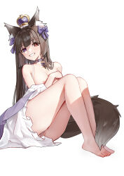 Rule 34 | 1girl, :d, absurdres, animal ear fluff, animal ears, armpit crease, bare shoulders, barefoot, blunt bangs, blunt ends, blush, bow, breasts, brown hair, brown tail, chinese commentary, choker, collarbone, commentary, covering breasts, covering privates, crown, curvy, full body, grin, hair bow, head tilt, heterochromia, highres, knees up, liwen520, long hair, looking at viewer, medium breasts, mini crown, nipple slip, nipples, open mouth, original, purple bow, purple choker, purple eyes, red eyes, simple background, sitting, smile, solo, straight hair, strap slip, tail, thighs, toes, very long hair, white background, wolf ears, wolf girl, wolf tail