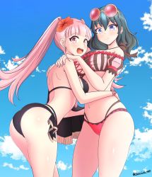 Rule 34 | 2girls, absurdres, alternate costume, ass, back, beach, bikini, black bikini, breasts, byleth (female) (fire emblem), byleth (female) (summer) (fire emblem), byleth (fire emblem), cloud, commentary, commission, cosplay, costume switch, day, english commentary, eyewear on head, female focus, fire emblem, fire emblem: three houses, fire emblem heroes, flower, green eyes, green hair, hair flower, hair ornament, hands on another&#039;s shoulders, highres, hilda valentine goneril, hug, jarckius, large breasts, leaning forward, legs, long hair, looking at viewer, matching hair/eyes, midriff, multiple girls, navel, nintendo, ocean, open mouth, outdoors, pink bikini, pink eyes, pink hair, shiny skin, smile, standing, sunglasses, sunglasses on head, swimsuit, thighs, twintails, twitter username