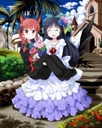 Rule 34 | 2girls, animal ears, black hair, black wings, bouquet, bow, braid, breasts, cape, carrying, cat ears, cat girl, church, cloud, day, dress, extra ears, closed eyes, female focus, flower, formal, hair bow, hair flower, hair ornament, hair ribbon, highres, jewelry, kaenbyou rin, long hair, multiple girls, necklace, open mouth, palm tree, plant, princess carry, red eyes, red hair, reiuji utsuho, ribbon, ruu (tksymkw), small breasts, smile, suit, sweatdrop, third eye, touhou, tree, tuxedo, twin braids, wedding, wedding dress, wings