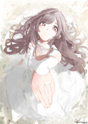 1girl absurdres blush brown_hair commentary detached_sleeves dress foreshortening glint highres idolmaster idolmaster_shiny_colors jewelry light_smile long_hair looking_at_viewer nichiwa_(fwxk5458) ring sketch solo tsukioka_kogane twitter_username very_long_hair wedding_dress wedding_ring white_dress