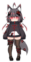 Rule 34 | 1girl, ahoge, animal ear fluff, animal ears, bailingxiao jiu, black bow, black footwear, black hair, black jacket, bow, braid, brown thighhighs, closed mouth, fox hair ornament, full body, glowing, glowing eyes, hair between eyes, hair bow, hair ornament, heart, heart-shaped pupils, highres, jacket, long sleeves, original, pigeon-toed, red eyes, shoes, side braid, simple background, skindentation, sleeves past fingers, sleeves past wrists, solo, standing, symbol-shaped pupils, tail, thighhighs, white background