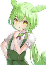Rule 34 | 1girl, blush, buttons, edamame, green hair, green suspenders, hair between eyes, hand up, highres, long hair, looking at viewer, neko gnome, open mouth, ponytail, puffy short sleeves, puffy sleeves, ribbon, shirt, short sleeves, solo, suspenders, voicevox, white shirt, yellow eyes, zundamon