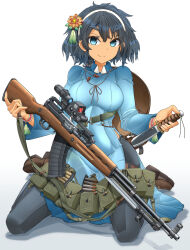 Rule 34 | 1girl, absurdres, ajirogasa, ammunition, black hair, black leggings, blue dress, blue eyes, boots, brown footwear, brown headwear, bullet, closed mouth, combat knife, commentary request, dark-skinned female, dark skin, dress, flower, gun, hair flower, hair ornament, hairband, hat, hat on back, highres, holding, holding gun, holding knife, holding weapon, kneeling, knife, leggings, looking at viewer, mikeran (mikelan), military, original, reverse grip, rifle, scope, shadow, side slit, simple background, sks, smile, solo, stripper clip, vietnamese dress, weapon, white background, white hairband