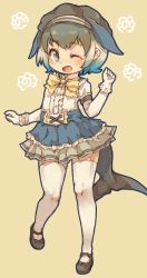 Rule 34 | 1girl, alternate costume, beret, black bow, black footwear, black hat, blonde hair, blue eyes, blue hair, blue skirt, bow, bowtie, center frills, cetacean tail, commentary request, common dolphin (kemono friends), dolphin fin, elbow gloves, fins, fish tail, footwear bow, frilled skirt, frills, fur trim, gloves, green hair, hat, highres, kemono friends, kolshica, mary janes, multicolored hair, one eye closed, open mouth, pleated skirt, shirt, shoes, short hair, short sleeves, simple background, skirt, solo, standing, standing on one leg, t-shirt, tail, thighhighs, white frills, white gloves, white hair, white shirt, white thighhighs, yellow bow, yellow bowtie, zettai ryouiki