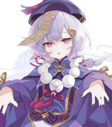Rule 34 | 1girl, bead necklace, beads, black nails, genshin impact, hair ornament, hair ribbon, half-closed eyes, highres, jewelry, jiangshi, long sleeves, looking at viewer, nail polish, necklace, open mouth, purple eyes, purple hair, qiqi (genshin impact), ribbon, saibe, solo, wide sleeves