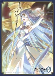 Rule 34 | 1girl, anklet, azura (fire emblem), blue hair, dress, elbow gloves, fingerless gloves, fire emblem, fire emblem cipher, fire emblem fates, gloves, hair between eyes, hair ornament, hairband, jewelry, long hair, necklace, nintendo, open mouth, polearm, ribbon, shikidouji, solo, spear, veil, very long hair, weapon, yellow eyes