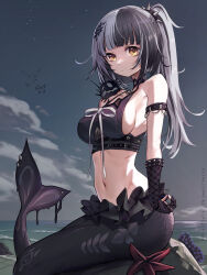 Rule 34 | 1girl, absurdres, black gloves, black hair, black sky, breasts, cloud, commentary, fins, fish tail, gloves, grey hair, hairband, highres, hololive, hololive english, large breasts, mermaid, monster girl, monsterification, multicolored hair, navel, partially fingerless gloves, ponytail, qiaogun damodao, revision, shiori novella, sidelocks, sky, spiked hairband, spikes, split-color hair, tail, virtual youtuber, water, yellow eyes, yorick (shiori novella)