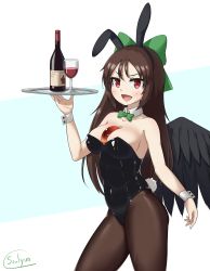 Rule 34 | 1girl, absurdres, alcohol, alternate costume, animal ears, bird wings, black leotard, black pantyhose, black wings, blue background, blush, bottle, bow, bowtie, breasts, brown hair, commentary request, contrapposto, cowboy shot, cup, detached collar, drinking glass, fake animal ears, fake tail, green bow, green bowtie, highres, holding, holding tray, large breasts, leotard, long hair, looking at viewer, open mouth, pantyhose, playboy bunny, rabbit ears, rabbit tail, red eyes, reiuji utsuho, signature, smile, solo, ssalyun, strapless, strapless leotard, tail, third eye, touhou, tray, two-tone background, white background, wine, wine bottle, wine glass, wings, wrist cuffs