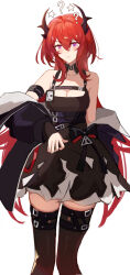 Rule 34 | 1girl, ?, arknights, bare shoulders, black bow, black dress, black horns, black jacket, blush, bow, breasts, brown thighhighs, cleavage, cleavage cutout, clothing cutout, confused, dress, dress bow, feet out of frame, hair between eyes, highres, horns, infection monitor (arknights), jacket, long hair, long sleeves, looking at viewer, multico, off shoulder, parted lips, purple eyes, red hair, simple background, sleeveless, sleeveless dress, solo, standing, star (symbol), strap, surtr (arknights), thighhighs, very long hair, white background