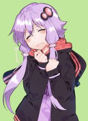 Rule 34 | 1girl, black jacket, commentary, crying, dress, closed eyes, furrowed brow, green background, hair ornament, hair tubes, jacket, long hair, oono imo, own hands together, purple dress, purple eyes, purple hair, sidelocks, simple background, solo, upper body, vocaloid, voiceroid, yuzuki yukari