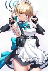 Rule 34 | 1girl, apron, bare shoulders, black dress, black gloves, blonde hair, blue archive, blue eyes, blue ribbon, blush, bow, bowtie, braid, breasts, bun cover, chest harness, double v, dress, earpiece, elbow gloves, fingerless gloves, french braid, gloves, hair bun, hair ribbon, halo, harness, highres, looking at viewer, maid headdress, pouch, ribbon, shirokuma a, short dress, short hair, single hair bun, sleeveless, sleeveless dress, small breasts, solo, thighs, toki (blue archive), v, white apron