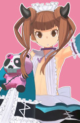 Rule 34 | 10s, 1girl, :o, arm up, armpits, bare shoulders, black legwear, blunt bangs, bow, brown eyes, brown hair, choker, colored eyelashes, cowboy shot, detached sleeves, fang, flat chest, frills, glowing, glowing eye, gothic lolita, gunslinger stratos, hairband, horns, lolita fashion, long sleeves, looking at viewer, maid headdress, midriff, no bra, open clothes, open mouth, open shirt, outline, pink background, puffy detached sleeves, puffy sleeves, ribbon choker, rindo sidune, rindou shizune, shirt, short hair, short hair with long locks, sidelocks, simple background, skirt, skull, sleeves past wrists, solo, stitches, stuffed animal, stuffed toy, surprised, suspender skirt, suspenders, teddy bear, wide-eyed, wide sleeves, yuuki (irodo rhythm)