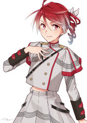 Rule 34 | 1girl, absurdres, black wrist cuffs, bow, buttons, cowlick, double-breasted, drill hair, grey jacket, grey skirt, hair bow, hand on own chest, hashtag-only commentary, highres, jacket, kasane teto, kasane teto (sv), looking at viewer, midriff peek, military uniform, pleated skirt, red eyes, red hair, red trim, short hair, shoulder belt, shoulder boards, signature, skirt, smile, solo, striped clothes, striped jacket, striped skirt, synthesizer v, upper body, utau, v-shaped eyebrows, white background, white bow, wrist cuffs, yasutange