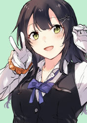 Rule 34 | 1girl, black hair, black vest, blue bow, blue bowtie, blush, bow, bowtie, breasts, gloves, green eyes, grey background, hair between eyes, hair ornament, hairclip, kantai collection, long hair, long sleeves, looking at viewer, medium breasts, oyashio (kancolle), parted lips, satsumi, shirt, simple background, solo, upper body, v, vest, white gloves, white shirt