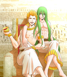 Rule 34 | 2boys, abs, alcohol, bad id, bad pixiv id, barefoot, blonde hair, blue eyes, bracelet, chair, chalice, cup, earrings, enkidu (fate), fate/stay night, fate/strange fake, fate (series), full body, gilgamesh (fate), green hair, jewelry, long hair, male focus, multiple boys, muscular, necklace, official alternate costume, open mouth, red eyes, robe, sanada (teketo), short hair, throne, toga, topless male, wine