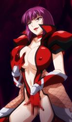 Rule 34 | 1girl, bodysuit, breasts, censored, cleavage, fingering, grabbing, grabbing another&#039;s breast, grabbing own breast, highres, legs, lipstick, makeup, masturbation, navel, no bra, oboro (taimanin asagi), pink hair, red lips, short hair, smile, solo, stitched, sweat, taimanin (series), taimanin asagi, thighs, third-party edit