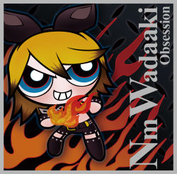 Rule 34 | angry, art style parody, belt, blonde hair, blue eyes, bow, brown hair, chibi, crop top, crossover, fingerless gloves, fire, gloves, goth fashion, grin, hair bow, magane rin, multicolored eyes, multicolored hair, nm wadaaki obsession, powerpuff girls, punk, red eyes, short hair, shorts, smile, thighhighs, vocaloid