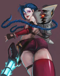 Rule 34 | 1girl, absurdres, ass, bare shoulders, black gloves, blue hair, braid, gloves, hairline, highres, jinx (league of legends), league of legends, lips, lipstick, long hair, makeup, pink eyes, shorts, single thighhigh, thigh strap, thighhighs, twin braids, weapon