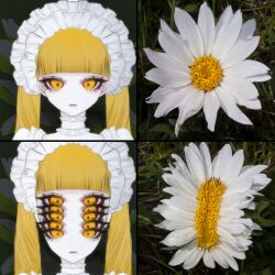 1girl blonde_hair choker dandelion extra_eyes flower frilled_hairband frills hairband highres kawaii_is_curse original photo-referenced solo twintails yellow_eyes