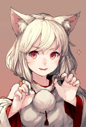 Rule 34 | 1girl, animal ears, blush, claws, detached sleeves, eyelashes, fang, fingernails, inubashiri momiji, junwool, looking at viewer, no headwear, red eyes, short hair, silver hair, simple background, sketch, smile, solo, sparkle, touhou, upper body, wolf ears