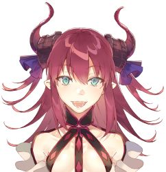 Rule 34 | 1girl, :d, bad id, bad pixiv id, blue ribbon, blush, breasts, curled horns, dragon horns, elizabeth bathory (fate), elizabeth bathory (fate/extra ccc), elizabeth bathory (first ascension) (fate), fangs, fate/extra, fate/extra ccc, fate (series), green eyes, hair between eyes, hair ribbon, horns, long hair, open mouth, pig ggul, pointy ears, red hair, ribbon, simple background, small breasts, smile, solo, two side up, upper body, white background